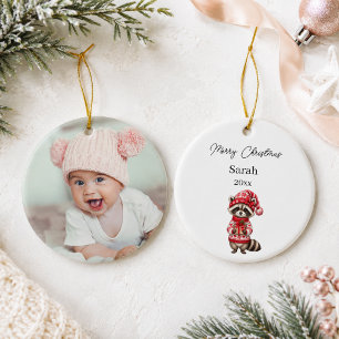 Christmas Racoon Photo Name Baby Ceramic Ornament