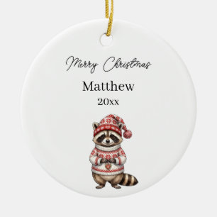 Christmas Racoon Photo Watercolor Name Boy Ceramic Ornament