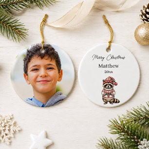 Christmas Racoon Photo Watercolor Name Boy Ceramic Ornament