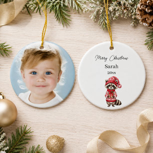 Christmas Racoon Photo Watercolor Name Girl Ceramic Ornament
