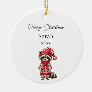 Christmas Racoon Photo Watercolor Name Girl Ceramic Ornament