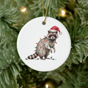 Christmas Racoon Santa Hat Lights Heart Glasses Ceramic Ornament