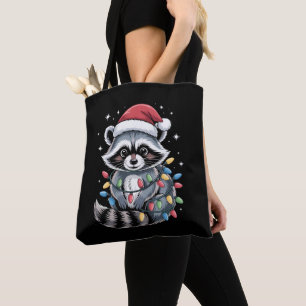 Christmas Racoon Santa Hat String Lights Winter Tote Bag