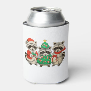 Christmas Racoon Santa Hat Tree Xmas Lights Can Cooler