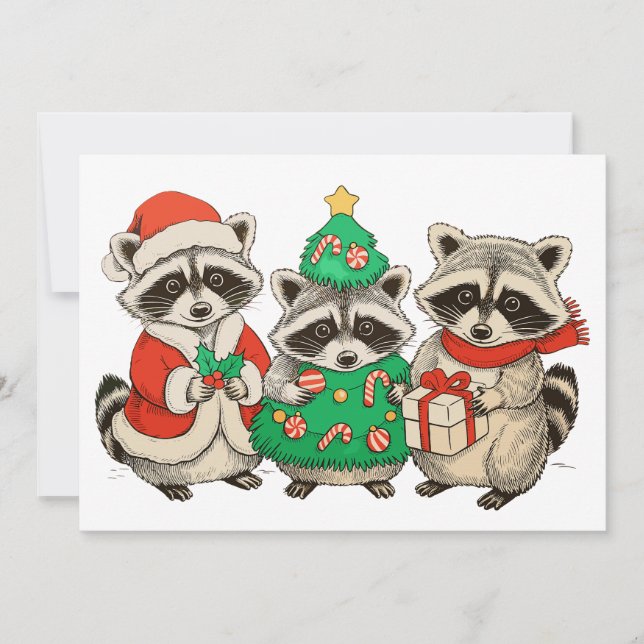 Christmas Racoon Santa Hat Tree Xmas Lights Holiday Card (Front)