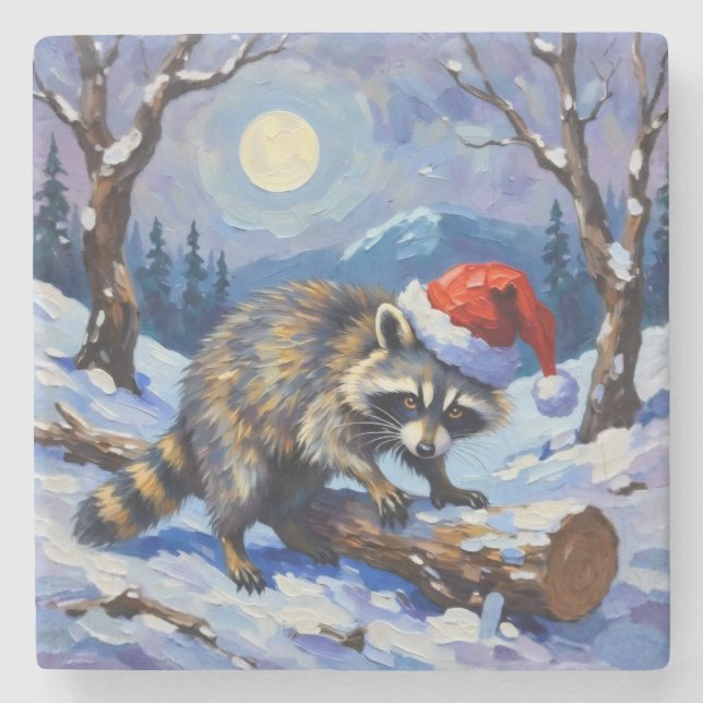 Christmas Racoon Stone Coaster (Front)