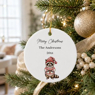 Christmas Racoon Watercolor Family Ceramic Ornament