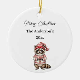 Christmas Racoon Watercolor Family Ceramic Ornament