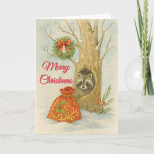 Christmas Racoon Watercolor Kids  Holiday Card