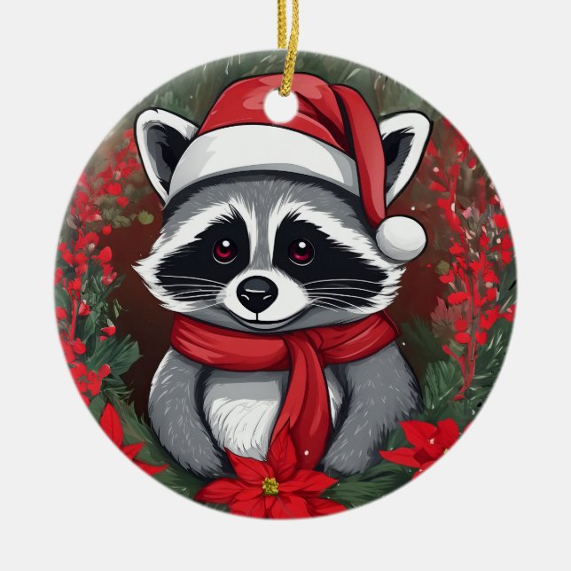 Christmas Racoon With Poinsettias Santa Hat Ceramic Ornament (Front)