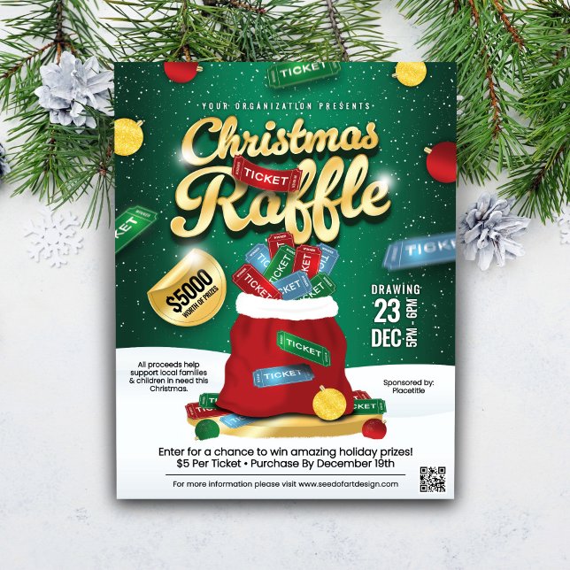 Christmas Raffle Green & Gold Holiday Ticket Sack  Flyer (Creator Uploaded)