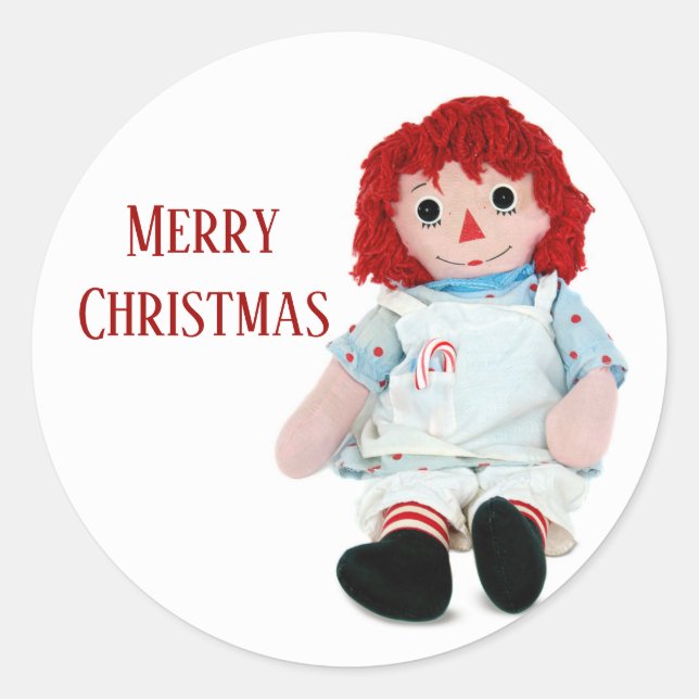 Christmas Rag Doll With Candy Cane Classic Round Sticker (Front)