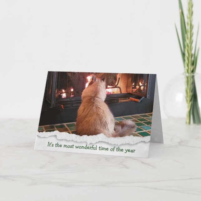 Christmas Ragdoll Cat By Fire Holiday Card (Front)