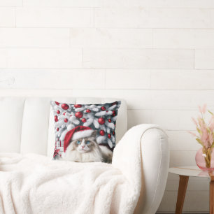 Christmas Ragdoll Cat In a Santa Hat Cushion