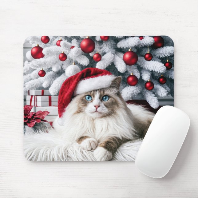 Christmas Ragdoll Cat In a Santa Hat Mouse Pad (With Mouse)