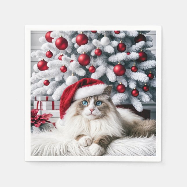 Christmas Ragdoll Cat In a Santa Hat Napkin (Front)