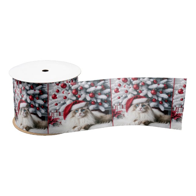 Christmas Ragdoll Cat In a Santa Hat Satin Ribbon (Spool)
