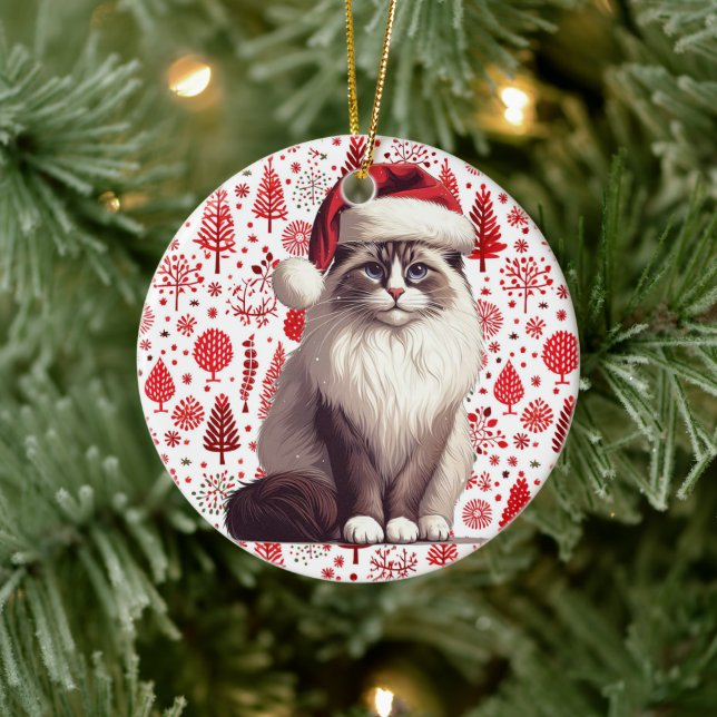Christmas Ragdoll cat, Xmas Santa Ragdoll kitten Ceramic Ornament (Tree)