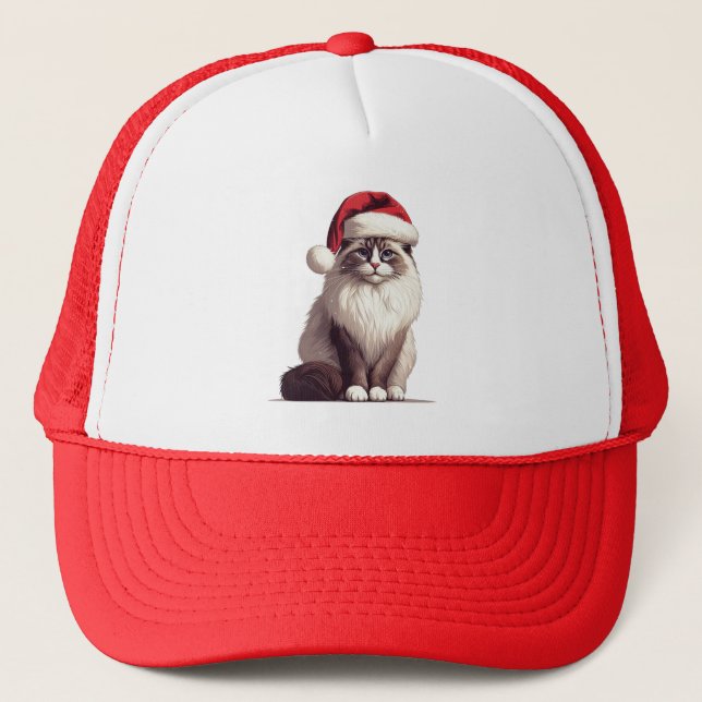 Christmas Ragdoll cat, Xmas Santa Ragdoll kitten Trucker Hat (Front)