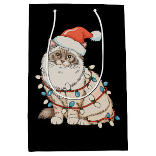 Christmas Ragdoll Cute Cat Santa Hat Xmas Lights Medium Gift Bag