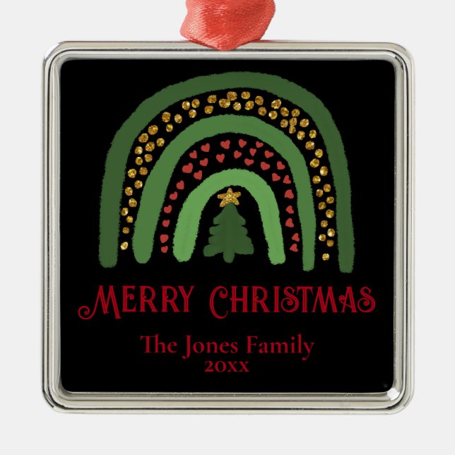 Christmas rainbow glitter red green personalise metal ornament (Front)