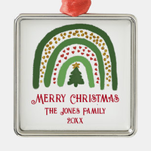 Christmas rainbow glitter red green personalise metal ornament