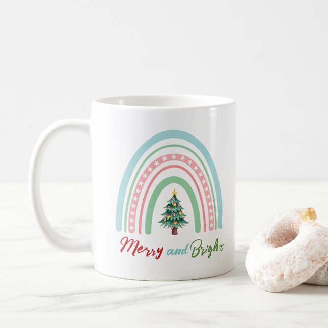 Christmas Rainbow Nice List Merry and Bright    Coffee Mug (With Donut)