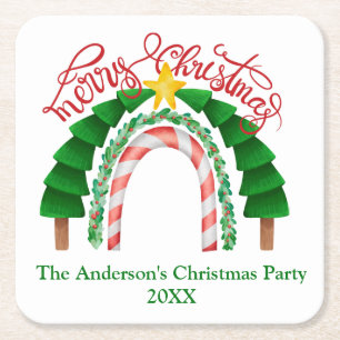 Christmas Rainbow Red Green Christmas Party Square Paper Coaster