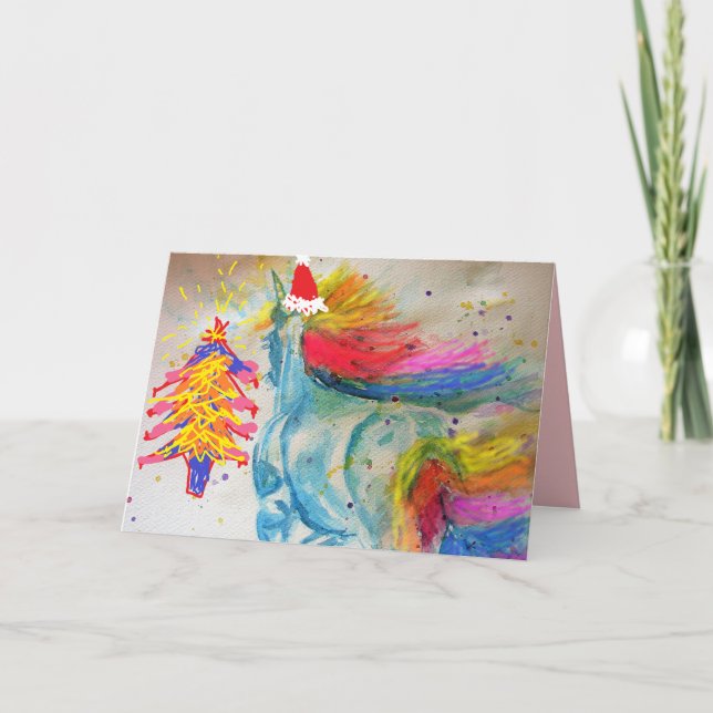 Christmas Rainbow Unicorn Santa Watercolour Card (Front)