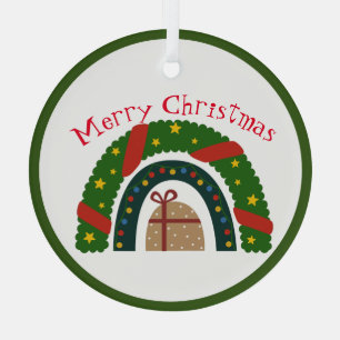 Christmas Rainbow With A Present  Glass Tree Decoration