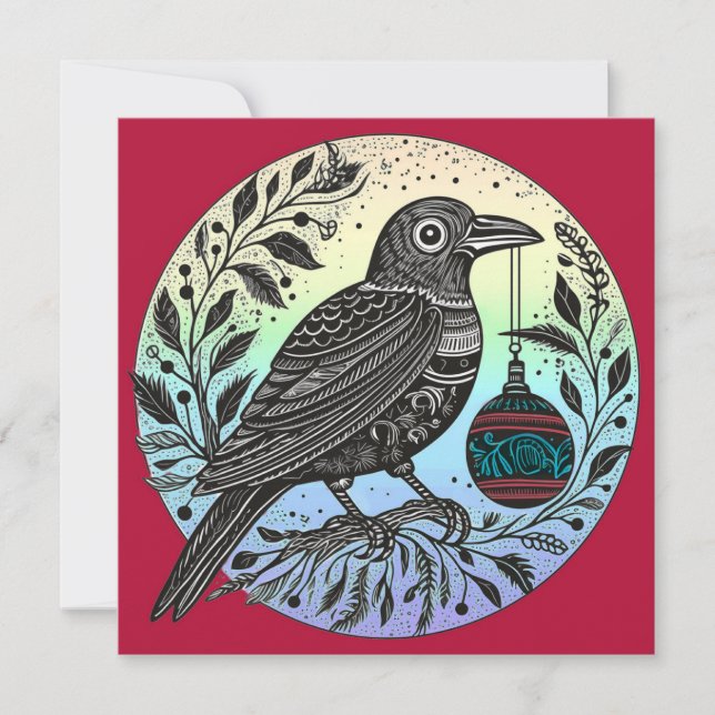 Christmas Raven with Ornament Holiday Card (Front)