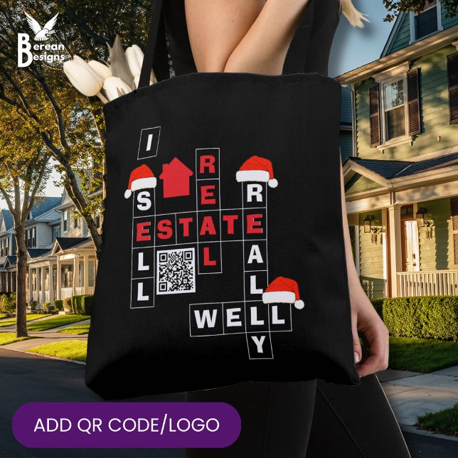 CHRISTMAS Real Estate SELL REALLY WELL QR Realtor Tote Bag (Fun Realtor I SELL REAL ESTATE REALLY WELL Christmas tote bag with crossword and custom QR code/logo)
