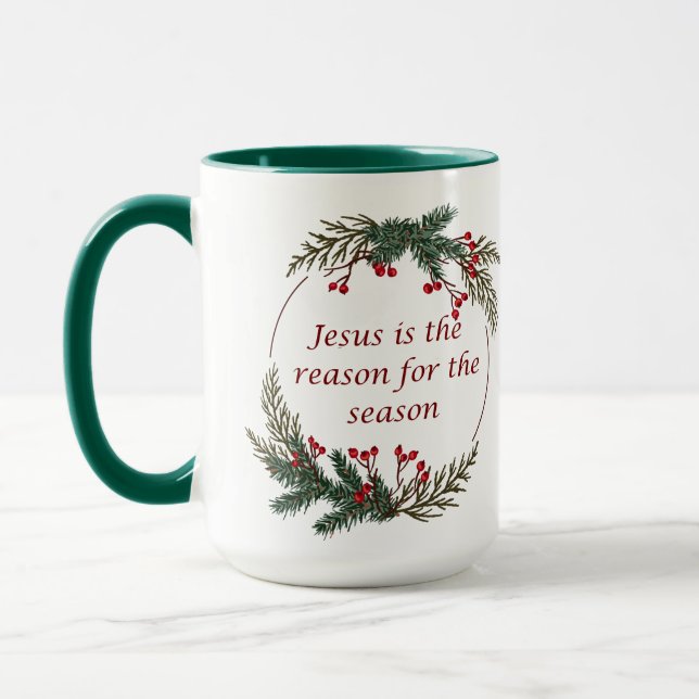 Christmas Reason for Season Holly Berry Wreath Mug (Left)
