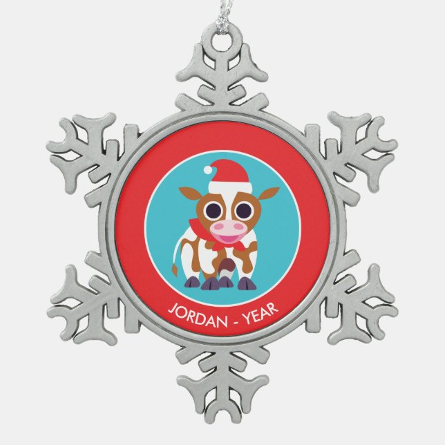 Christmas Reba the Cow Snowflake Pewter Christmas Ornament (Front)