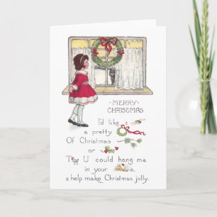 Christmas Rebus with Girl and Cat in Window Holiday Card