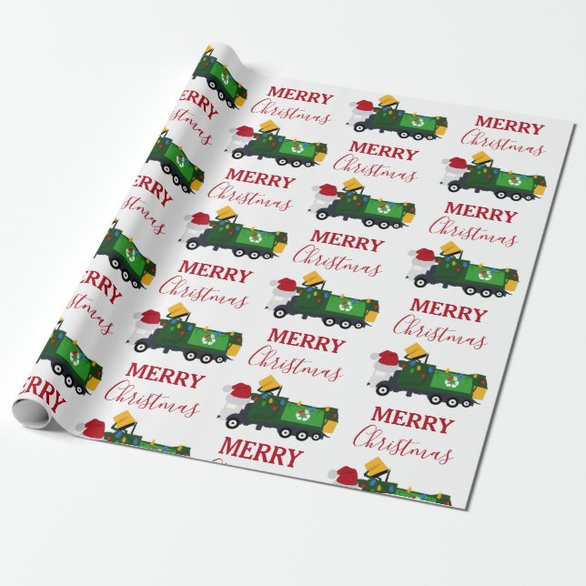 Christmas Recycling Garbage Truck Wrapping Paper (Unrolled)