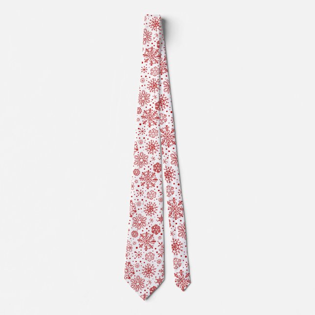 Christmas Red Abstract Snowflakes On White Tie (Front)