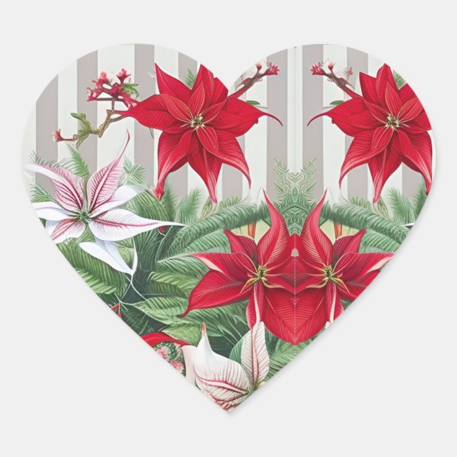 Christmas Red Amaryllis and Poinsettias Heart Sticker (Front)