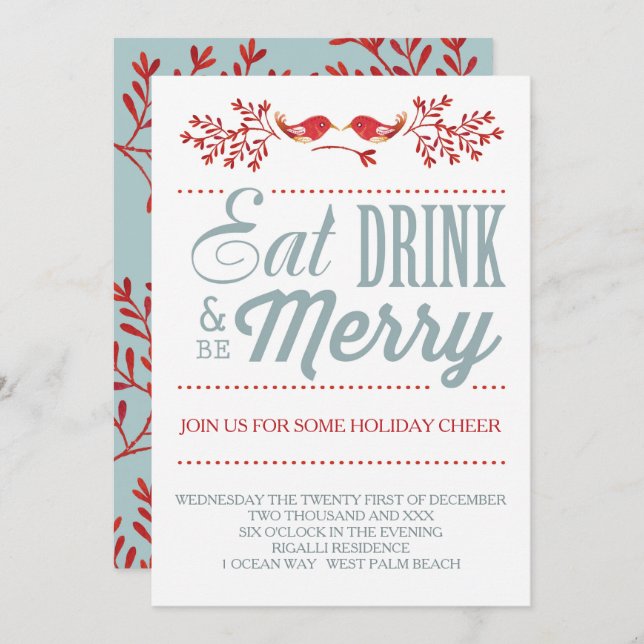 Christmas Red and Blue Holiday Country Chic Invitation (Front/Back)