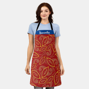Christmas Red and Gold First Name Leaves Pattern Apron