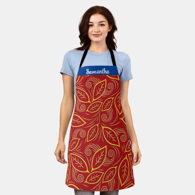 Christmas Red and Gold First Name Leaves Pattern Apron (Worn)