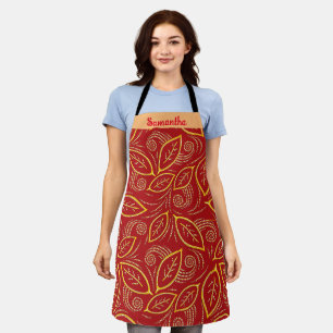Christmas Red and Gold First Name Leaves Pattern Apron