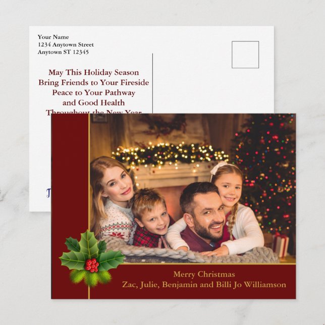 Christmas Red and Gold Frame With Holly Photo Postcard (Front/Back)