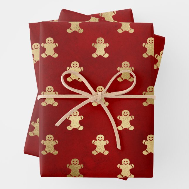 Christmas Red and Gold Gingerbread Man Wrapping Paper Sheet (In situ)
