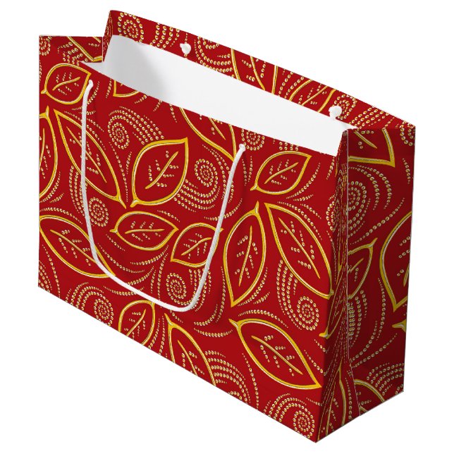 Christmas Red and Gold Illustrated Leaves Pattern Large Gift Bag (Front Angled)