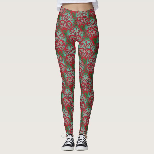  Christmas red and green boho Leggings (Front)
