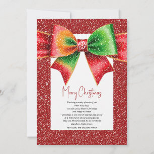 Christmas red and green bow and snowflakes holiday card