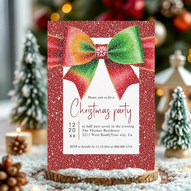Christmas red and green bow and snowflakes party invitation (Creator Uploaded)