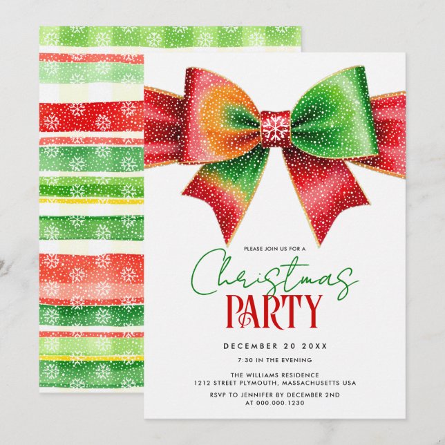 Christmas red and green bow and stripes party invitation (Front/Back)