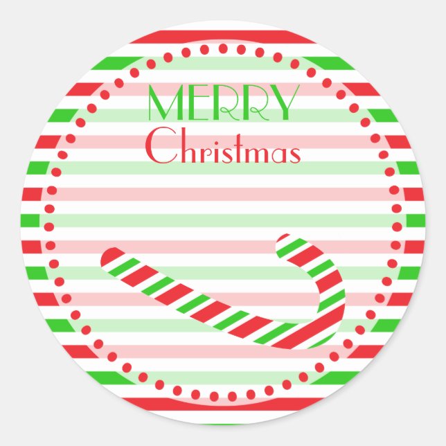 Christmas Red and Green Candy Cane and Stripes Classic Round Sticker (Front)